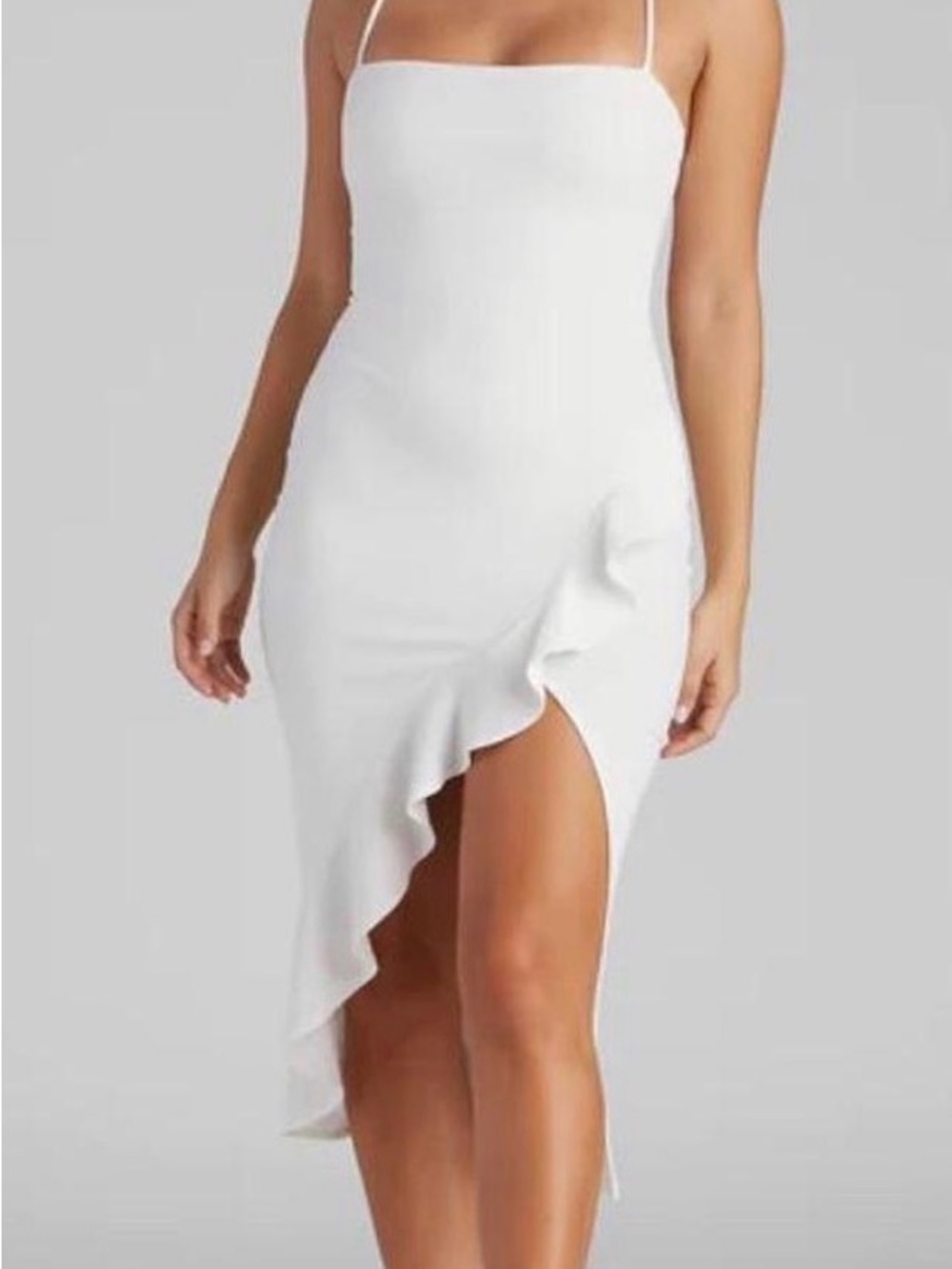 Windsor White Asymmetric Ruffle Slip Dress